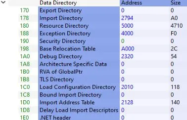 View of the Data Directories parsed with PE-Bear